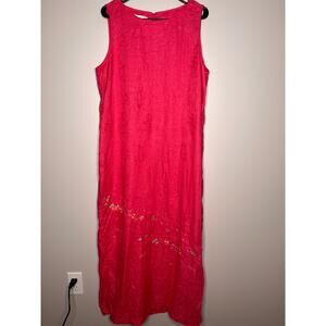 1990s Susan Bristol Pink Blue Paisley Floral Embroidered Linen Midi Dress XL 16